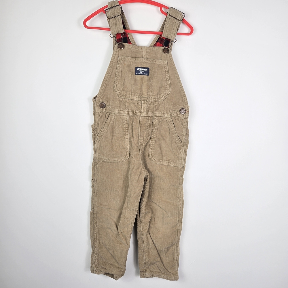 OshKosh B'gosh Kids 3T Overall Tan Corduroy Red Black Checkered Lined